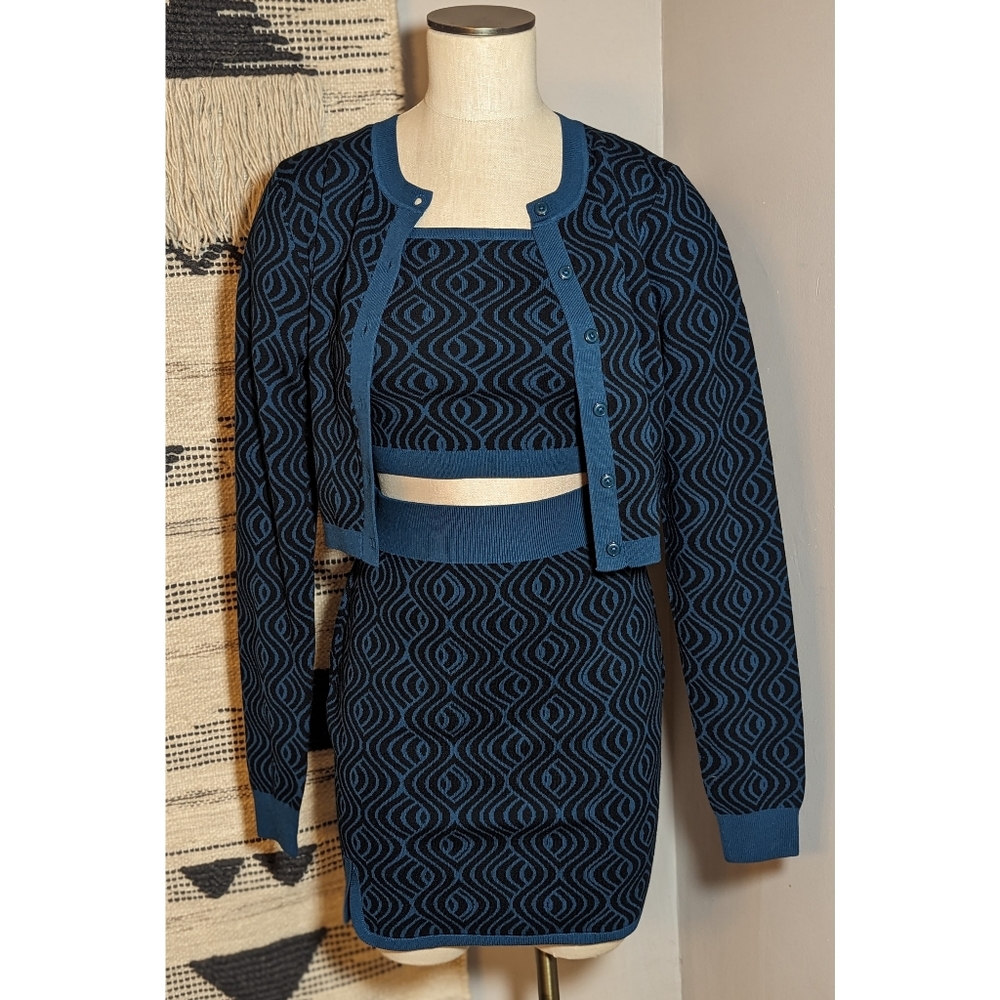 NWOT Sincerely Jules x Bandier matching set Sz L skirt crop top cardigan